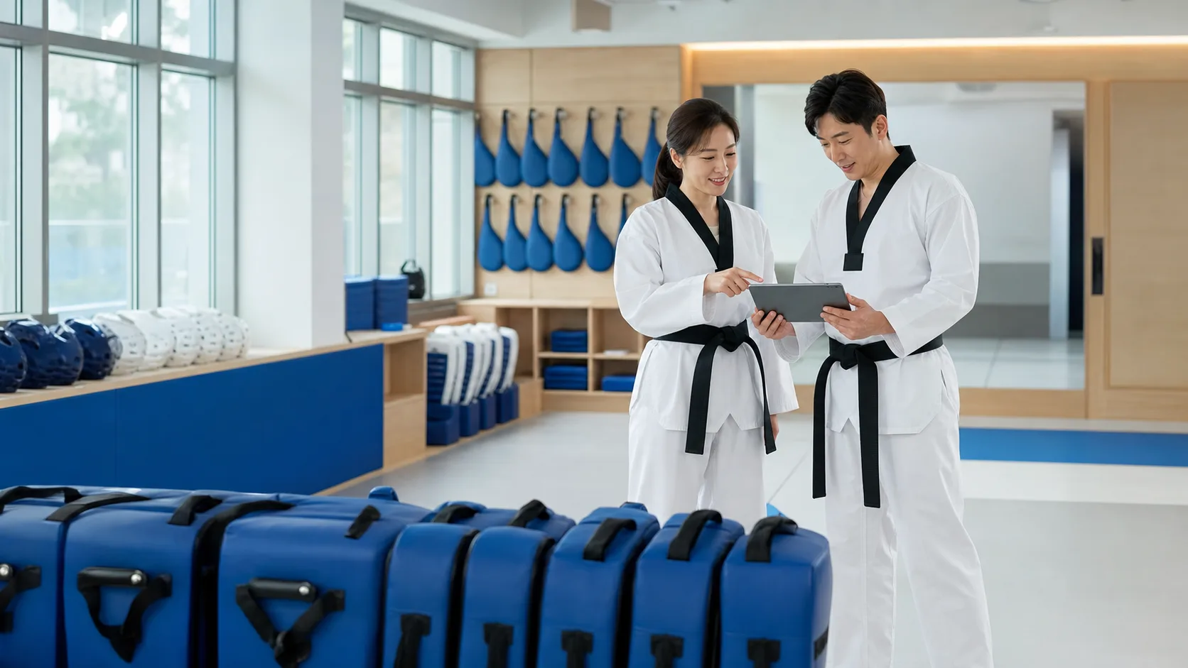 수업 전 도장 운영을 준비하는 관장과 사범